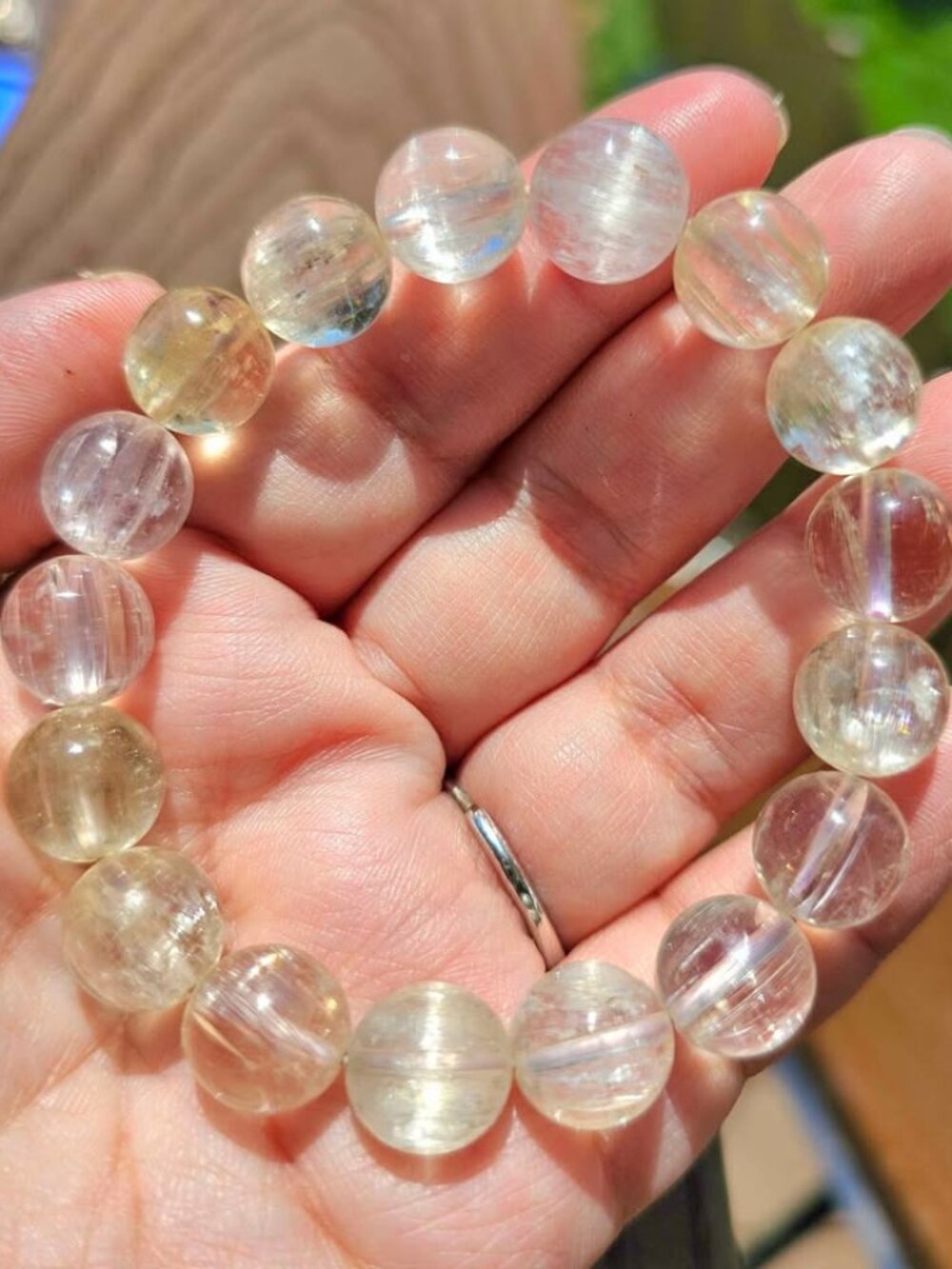 High Grade Nature Icy Kunzite Cat Eye Flash 13mm Round Bead Bracelet